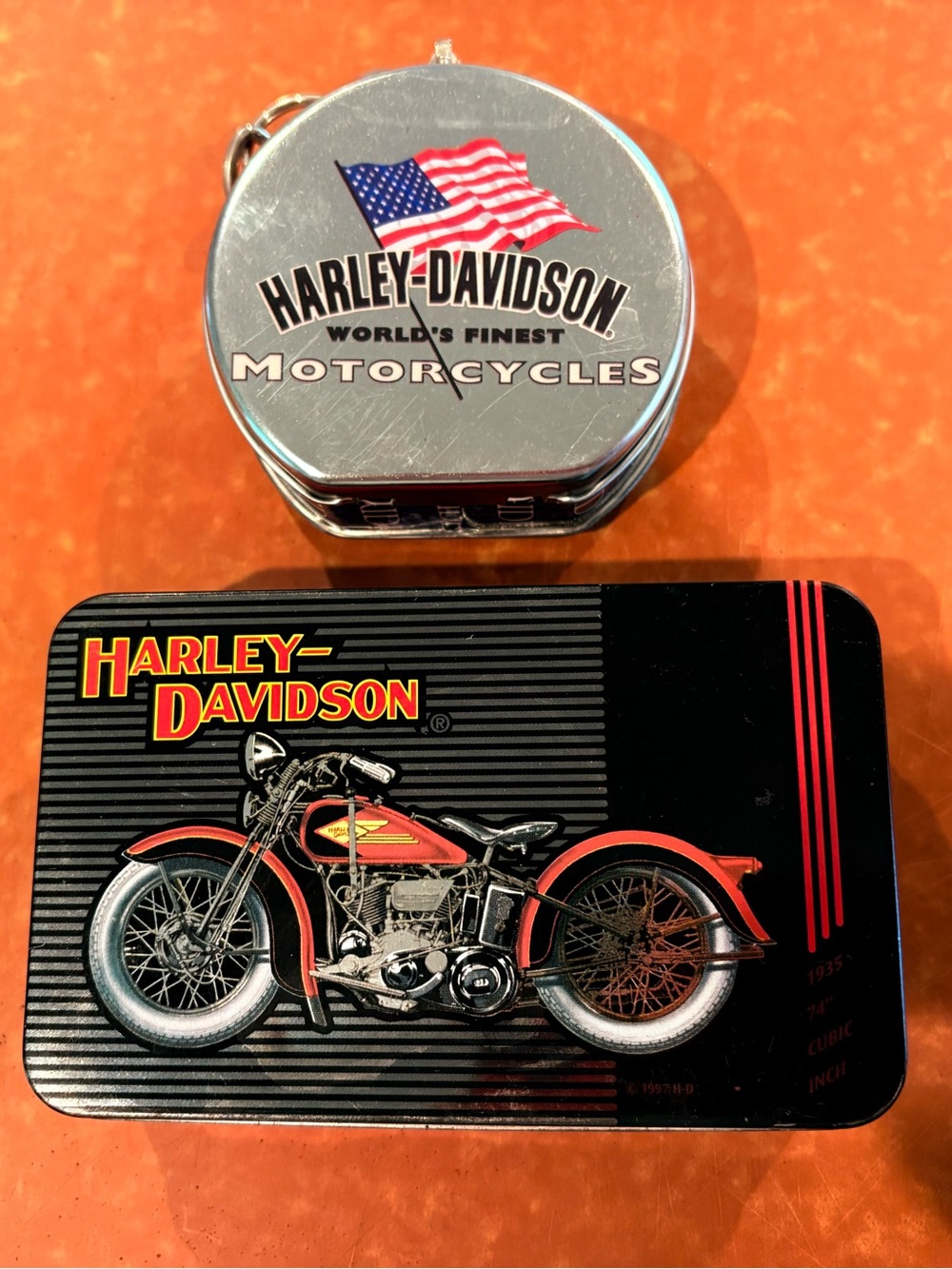 Harley-Davidson Black & Red Vintage Motorcycle Tin and Round Metal Case